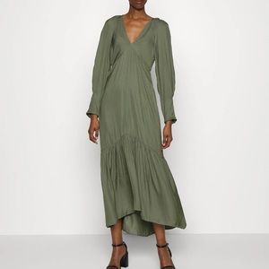 Olive Green Deep V-Neck Maxi Dress